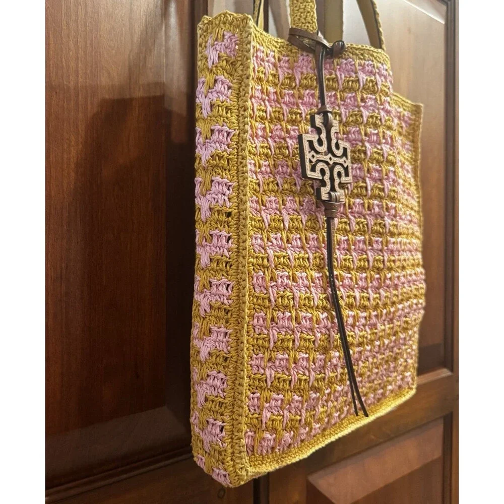 Tory Burch 165844 Straw Tote Pink Carnation Turmeric Raffia Bag NWT